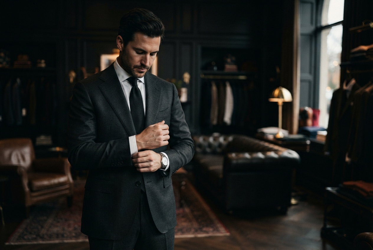 A gentleman wearing a charcoal suit in a luxury showroom